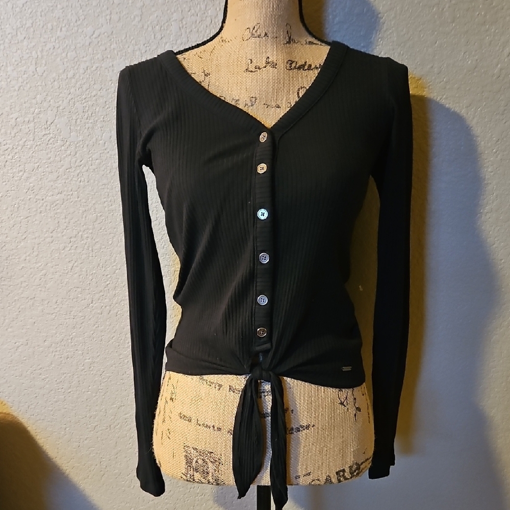Black Fitted Button Down Shirt with Tie Front